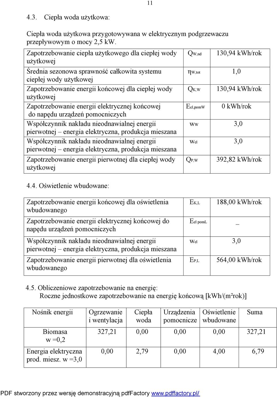 końcowej do napędu urządzeń pomocniczych Zapotrzebowanie energii pierwotnej dla ciepłej wody 4.