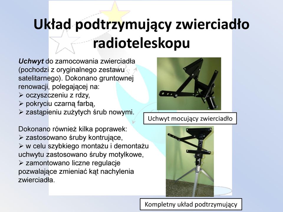 radioteleskopu Dokonano również kilka poprawek: zastosowano śruby kontrujące, w celu szybkiego montażu i demontażu uchwytu