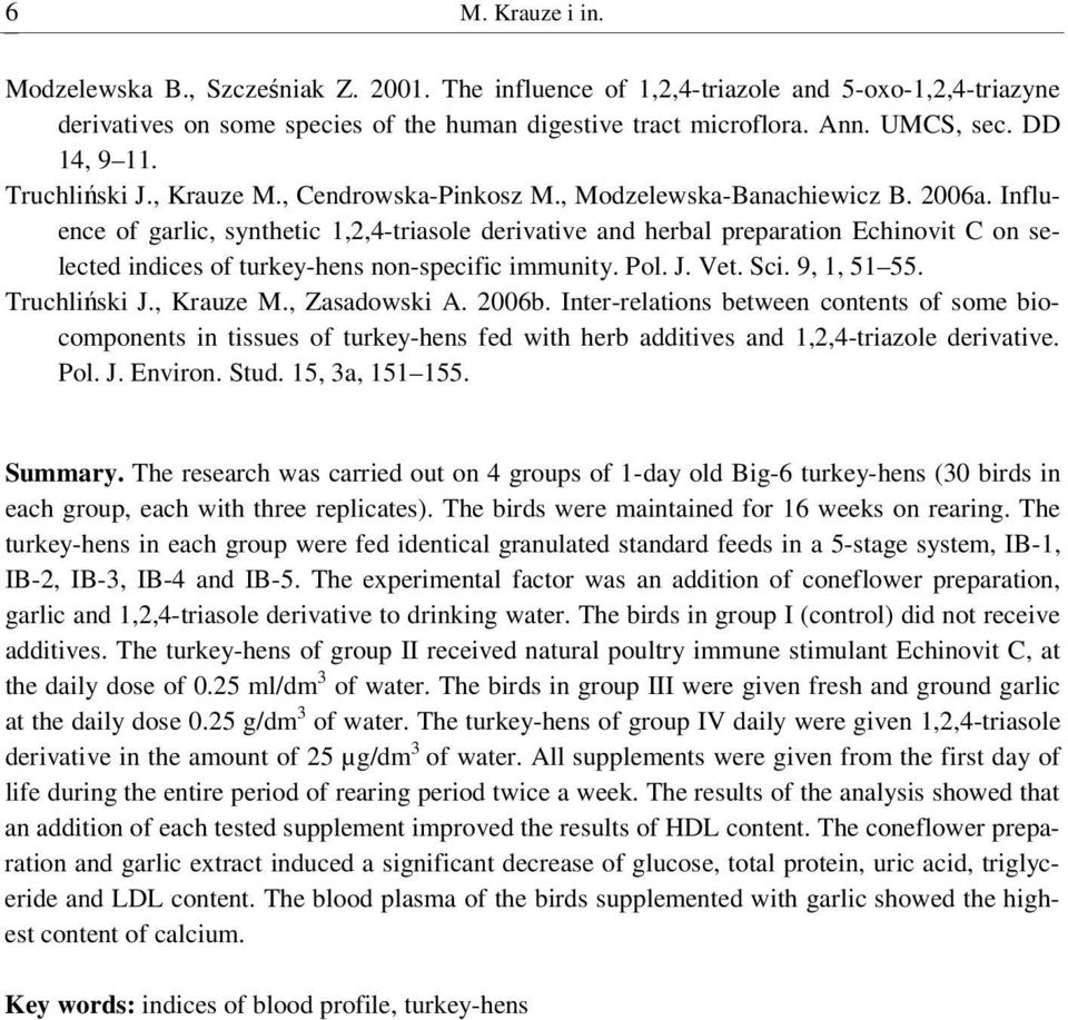 Influence of garlic, synthetic 1,2,4-triasole derivative and herbal preparation Echinovit C on selected indices of turkey-hens non-specific immunity. Pol. J. Vet. Sci. 9, 1, 51 55. Truchliski J.