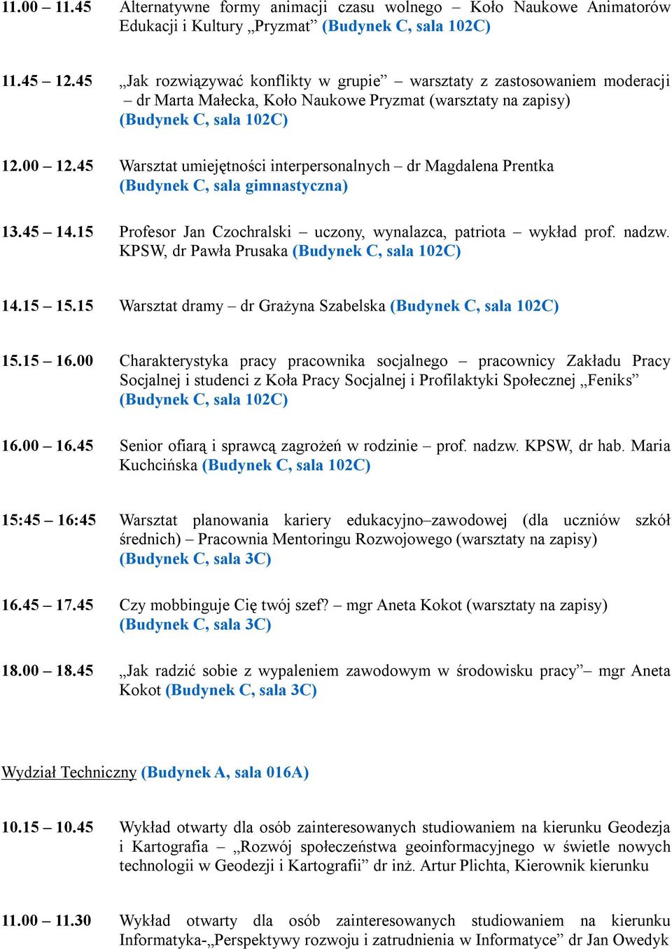 45 Warsztat umiejętności interpersonalnych dr Magdalena Prentka (Budynek C, sala gimnastyczna) 13.45 14.15 Profesor Jan Czochralski uczony, wynalazca, patriota wykład prof. nadzw.