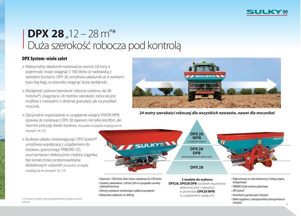 > Wydajność polowa (szerokość robocza rozsiewu do 28 metrów*), osiągnięcie 24 metrów szerokości roboczej jest możliwe z nawozami o drobnej granulacji, jak na przykład mocznik.