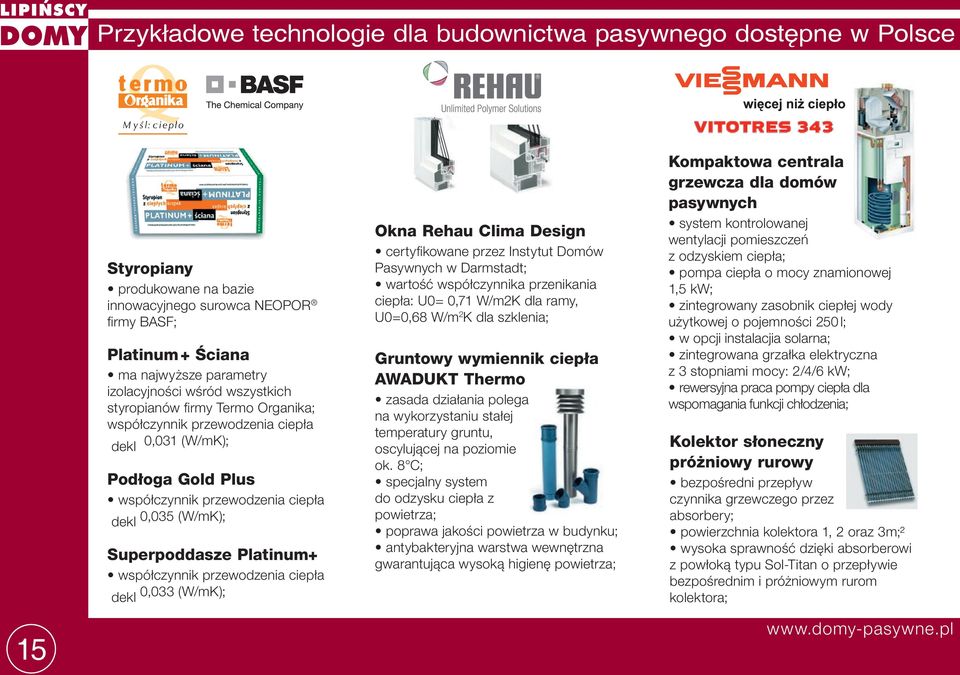 współczynnik przewodzenia ciepła dekl 0,033 (W/mK); Okna Rehau Clima Design certyfi kowane przez Instytut Domów Pasywnych w Darmstadt; wartość współczynnika przenikania ciepła: U0= 0,71 W/m2K dla