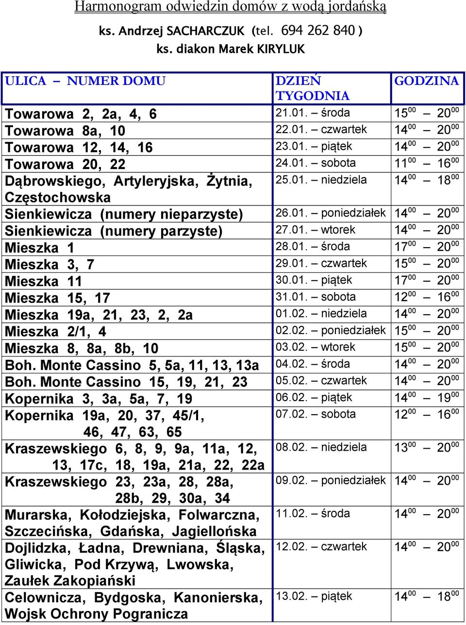 01. wtorek 14 00 20 00 Mieszka 1 28.01. środa 17 00 20 00 Mieszka 3, 7 29.01. czwartek 15 00 20 00 Mieszka 11 30.01. piątek 17 00 20 00 Mieszka 15, 17 31.01. sobota 12 00 16 00 Mieszka 19a, 21, 23, 2, 2a 01.