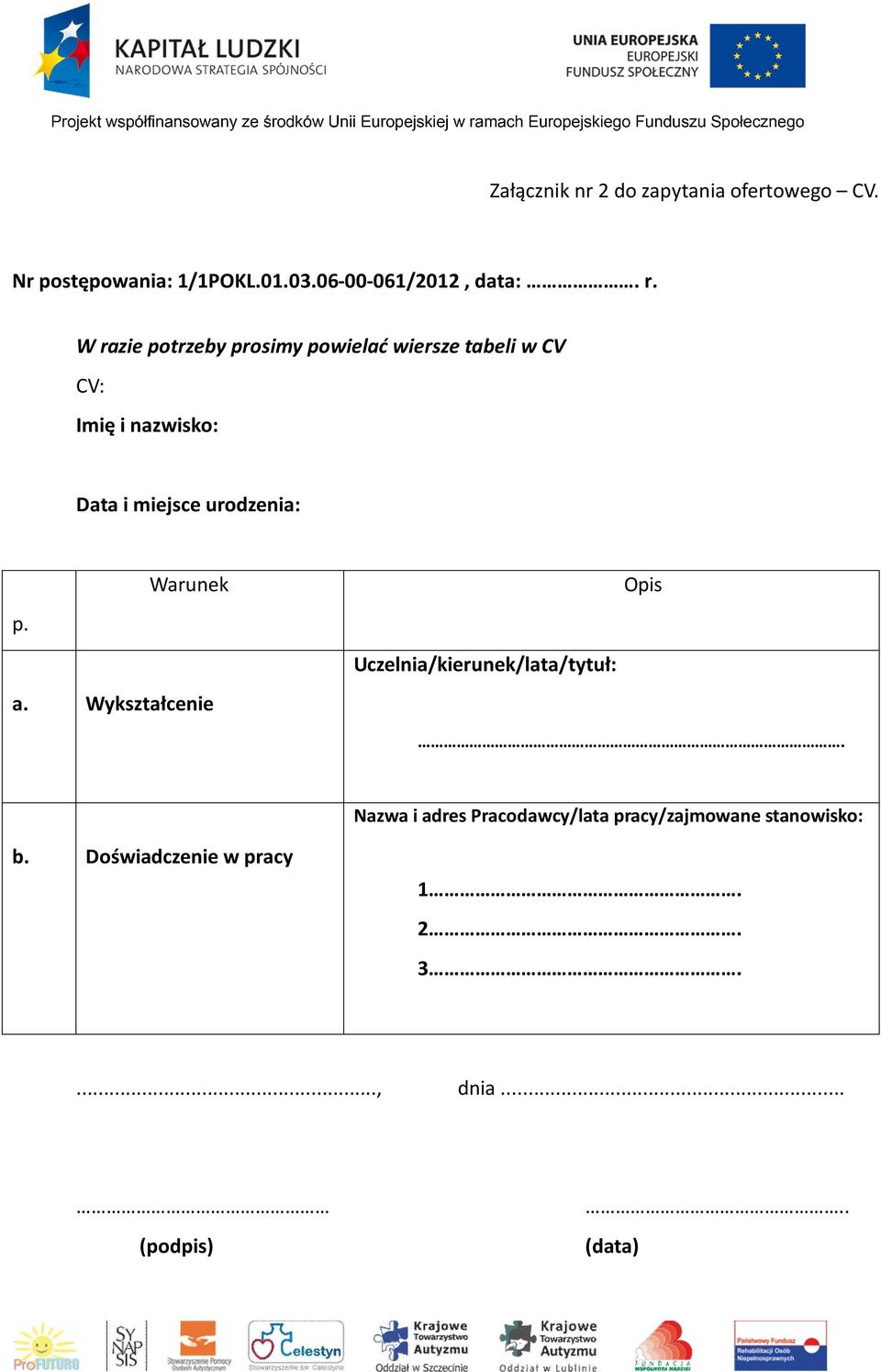 urodzenia: p. Warunek a. Wykształcenie Uczelnia/kierunek/lata/tytuł: Opis.