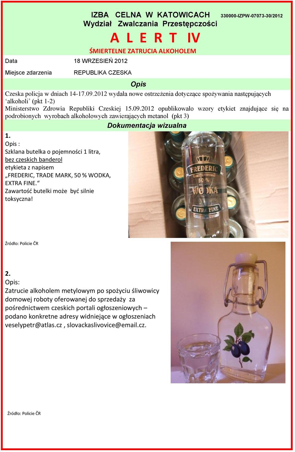 2012 opublikowało wzory etykiet znajdujące się na podrobionych wyrobach alkoholowych zawierających metanol (pkt 3) 1.