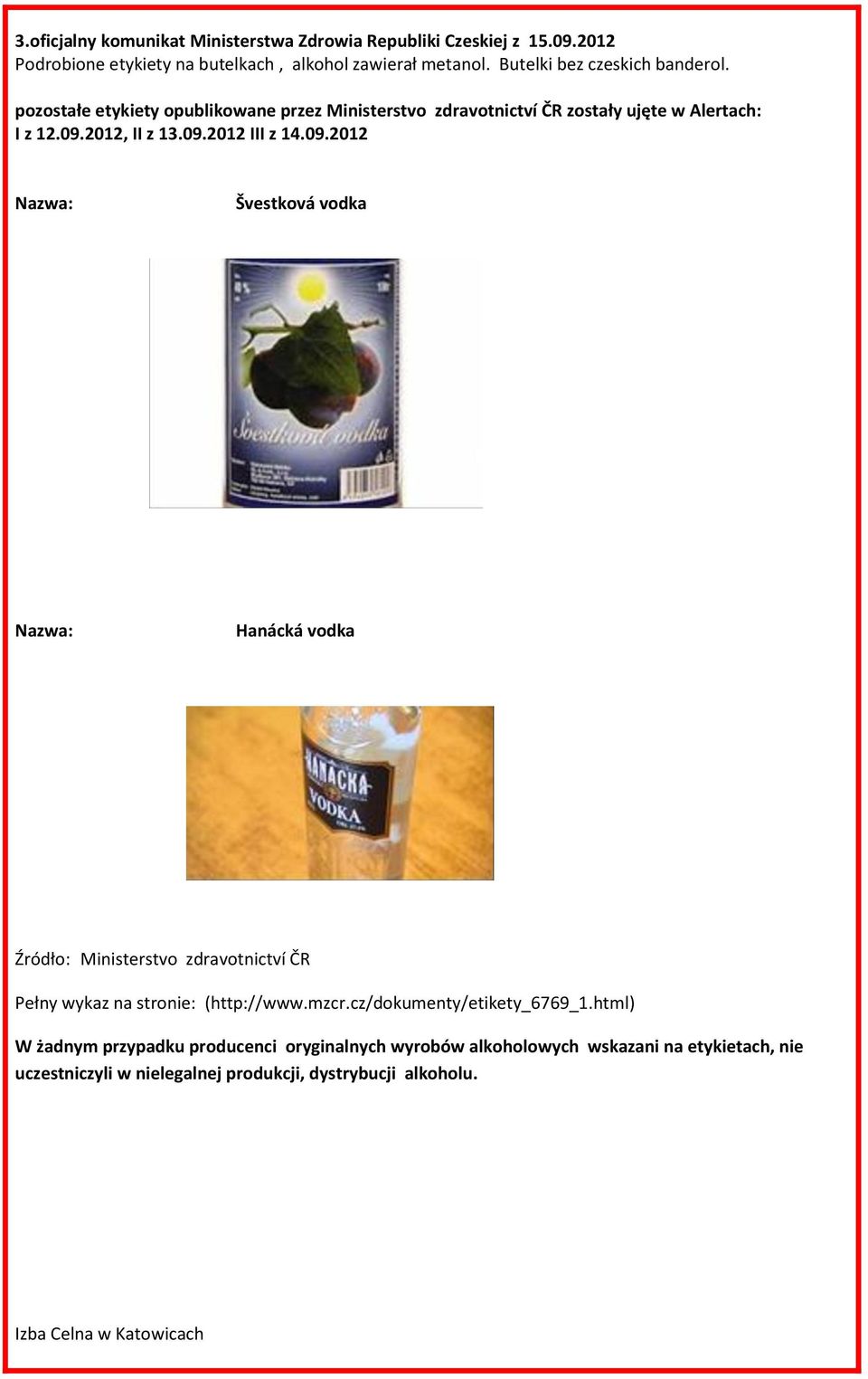 09.2012 Nazwa: Švestková vodka Nazwa: Hanácká vodka Źródło: Ministerstvo zdravotnictví ČR Pełny wykaz na stronie: (http://www.mzcr.