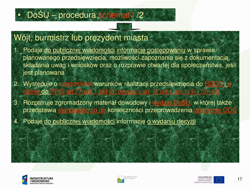 oraz o rozprawie otwartej dla społeczeństwa, jeśli jest planowana 2. Występuje o uzgodnienie warunków realizacji przedsięwzięcia do RDOŚ i o opinię do PPIS art.77 ust.