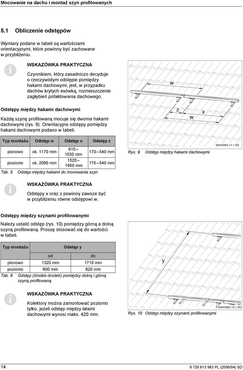 Odstępy mędzy hakam dachowym Każdą szynę proflowaną mocuje sę dwoma hakam dachowym (rys. 9). Orentacyjne odstępy pomędzy hakam dachowym podano w tabel.