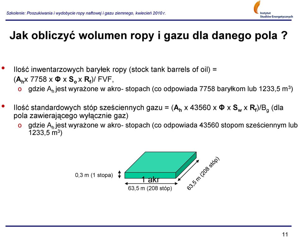 w akr- stpach (c dpwiada 7758 baryłkm lub 1233,5 m 3 ) Ilść standardwych stóp sześciennych gazu = (A h x 43560 x Φ