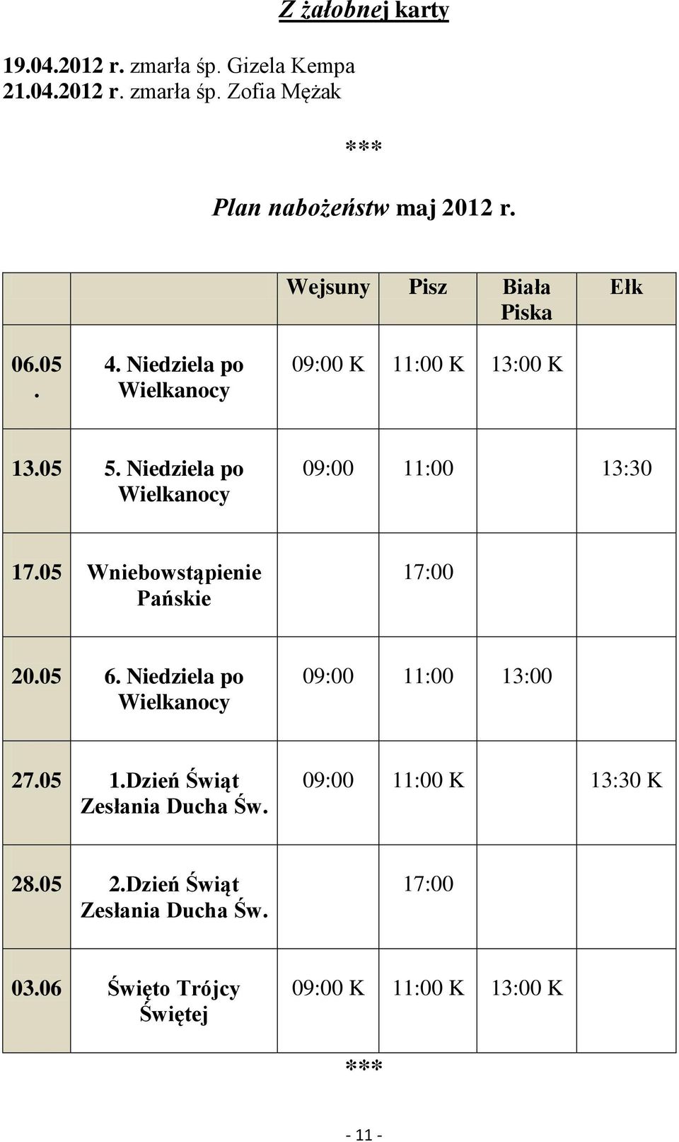 Niedziela po Wielkanocy 09:00 11:00 13:30 17.05 Wniebowstąpienie Pańskie 17:00 20.05 6.