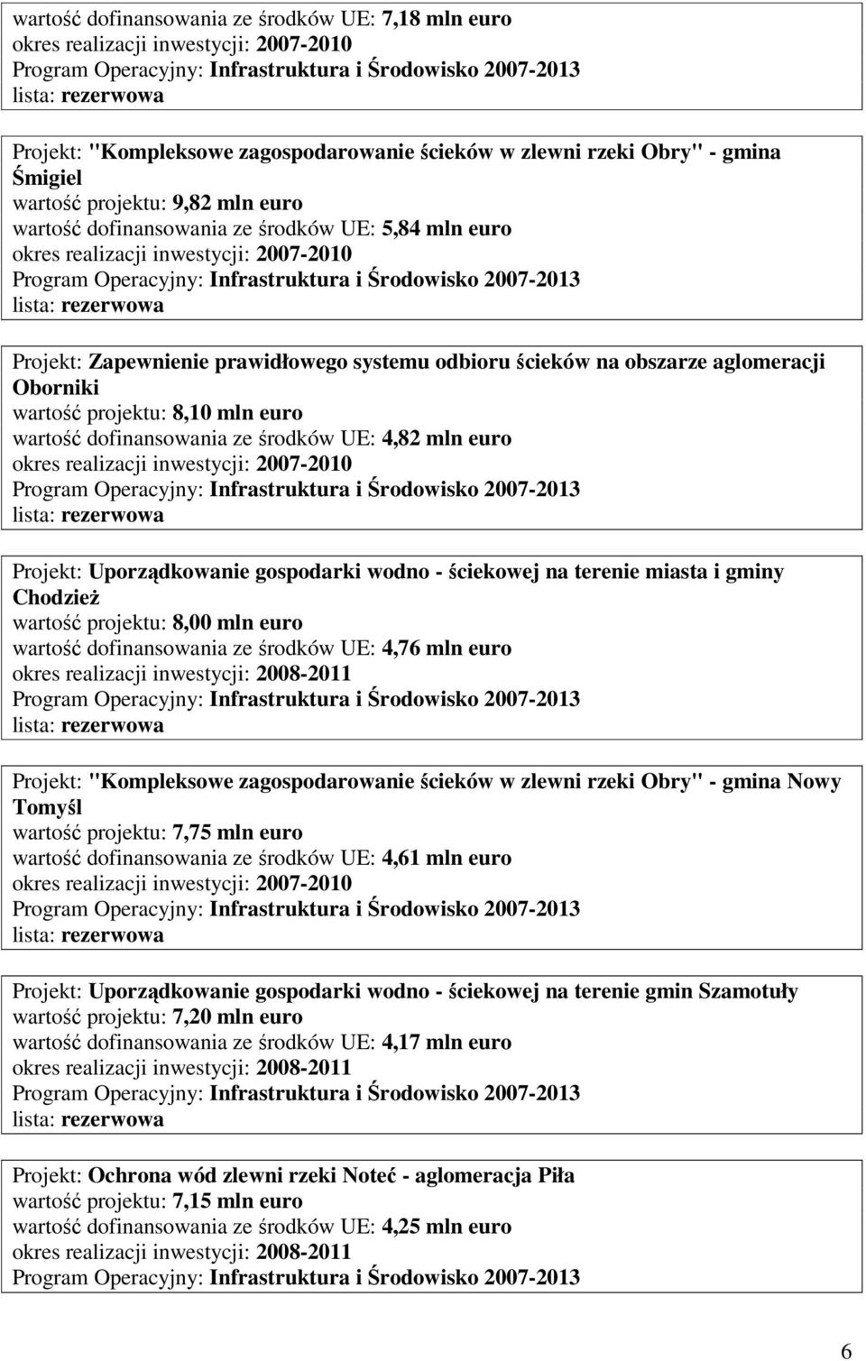 euro Projekt: Uporządkowanie gospodarki wodno - ściekowej na terenie miasta i gminy ChodzieŜ wartość projektu: 8,00 mln euro wartość dofinansowania ze środków UE: 4,76 mln euro Projekt: "Kompleksowe