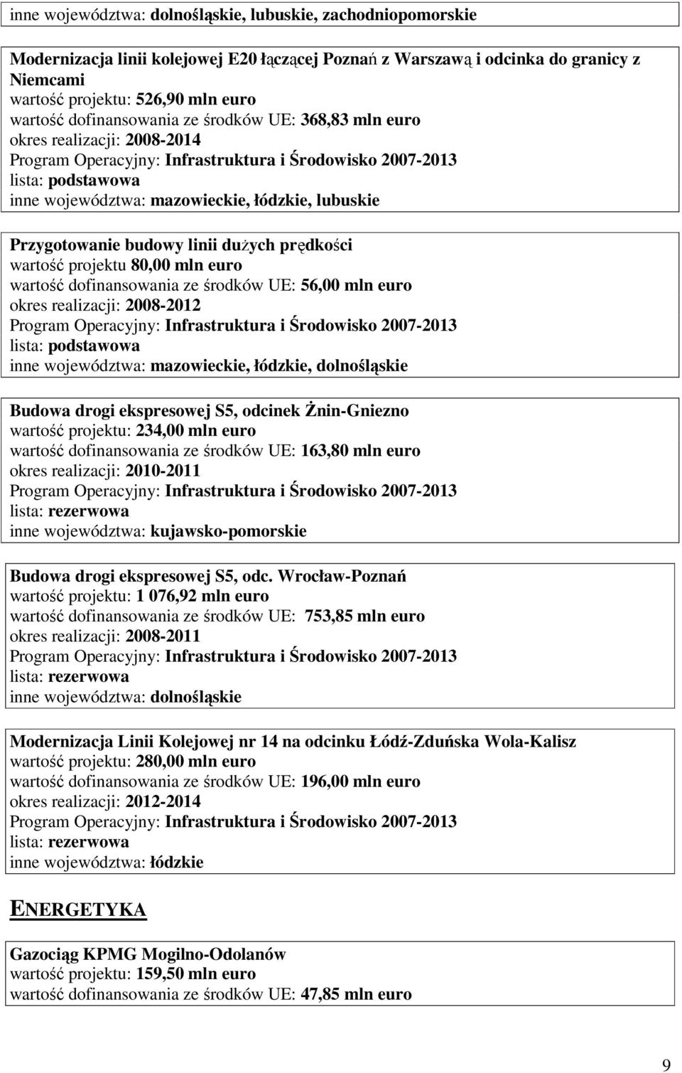 wartość dofinansowania ze środków UE: 56,00 mln euro okres realizacji: 2008-2012 inne województwa: mazowieckie, łódzkie, dolnośląskie Budowa drogi ekspresowej S5, odcinek śnin-gniezno wartość