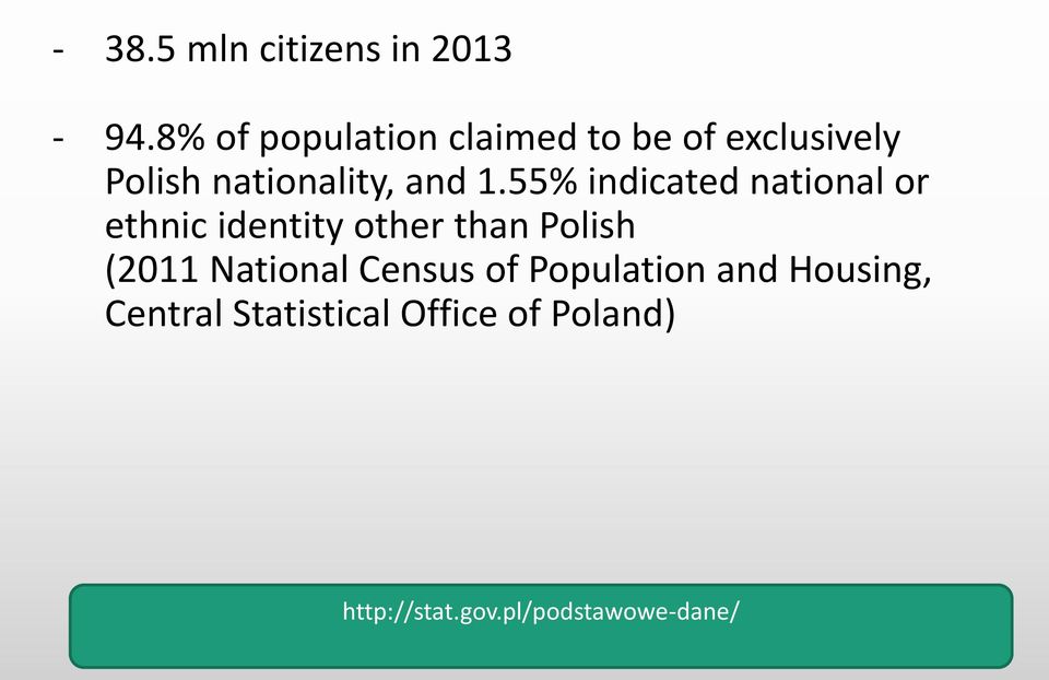 55% indicated national or ethnic identity other than Polish (2011