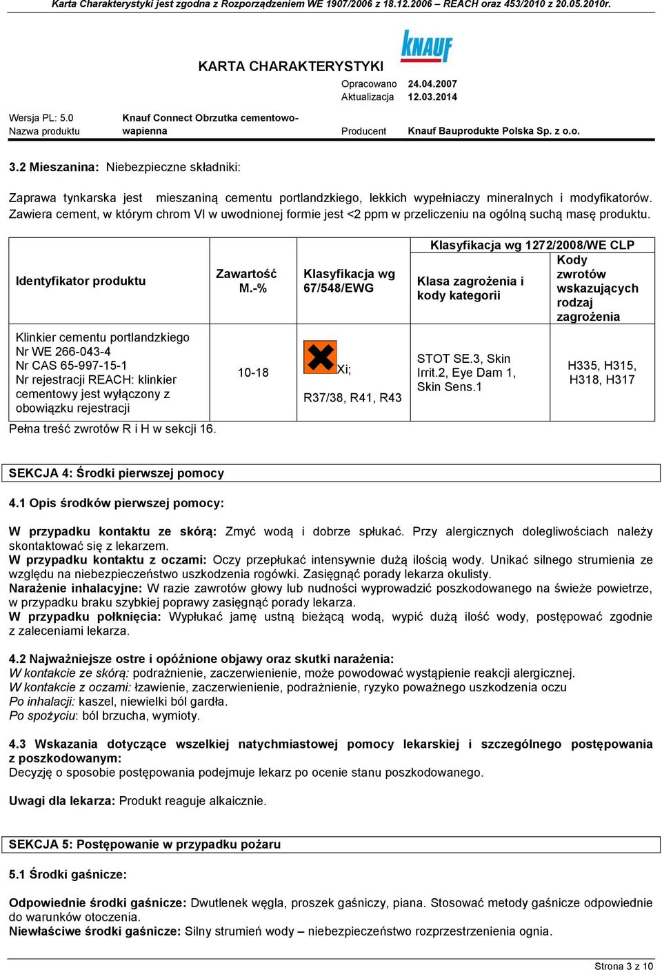 Identyfikator produktu Klinkier cementu portlandzkiego Nr WE 266-043-4 Nr CAS 65-997-15-1 Nr rejestracji REACH: klinkier cementowy jest wyłączony z obowiązku rejestracji Pełna treść zwrotów R i H w