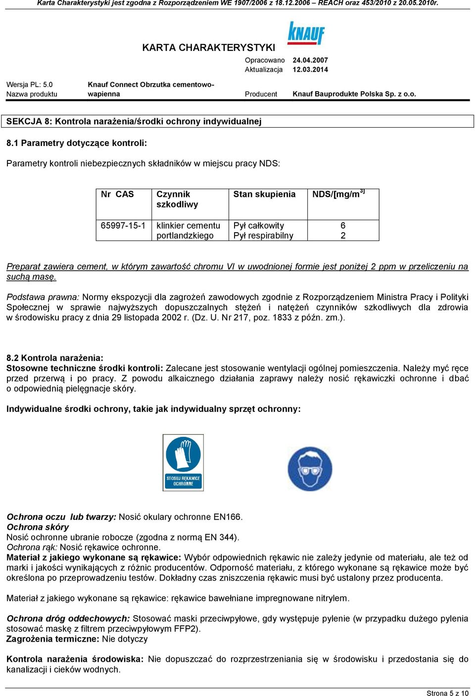 całkowity Pył respirabilny 6 2 Preparat zawiera cement, w którym zawartość chromu VI w uwodnionej formie jest poniżej 2 ppm w przeliczeniu na suchą masę.