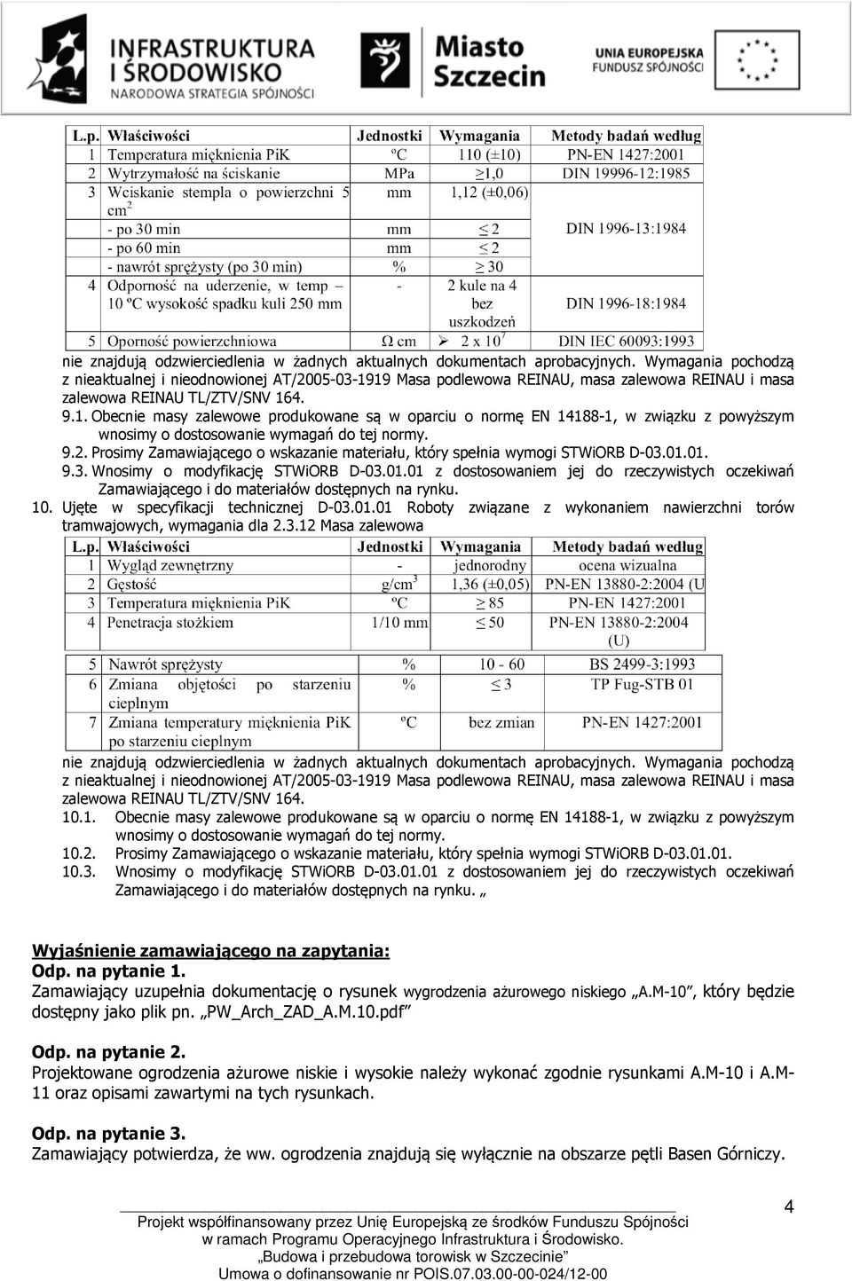 9.2. Prosimy Zamawiającego o wskazanie materiału, który spełnia wymogi STWiORB D-03.01.01. 9.3. Wnosimy o modyfikację STWiORB D-03.01.01 z dostosowaniem jej do rzeczywistych oczekiwań 10.