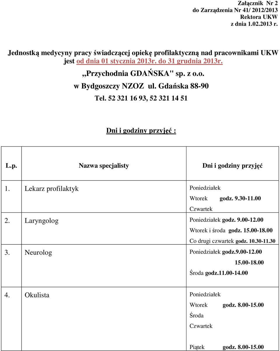 Gdańska 88-90 Tel. 52 321 16 93, 52 321 14 51 Dni i godziny przyjęć : L.p. Nazwa specjalisty Dni i godziny przyjęć 1. Lekarz profilaktyk Poniedziałek Wtorek godz. 9.30-11.