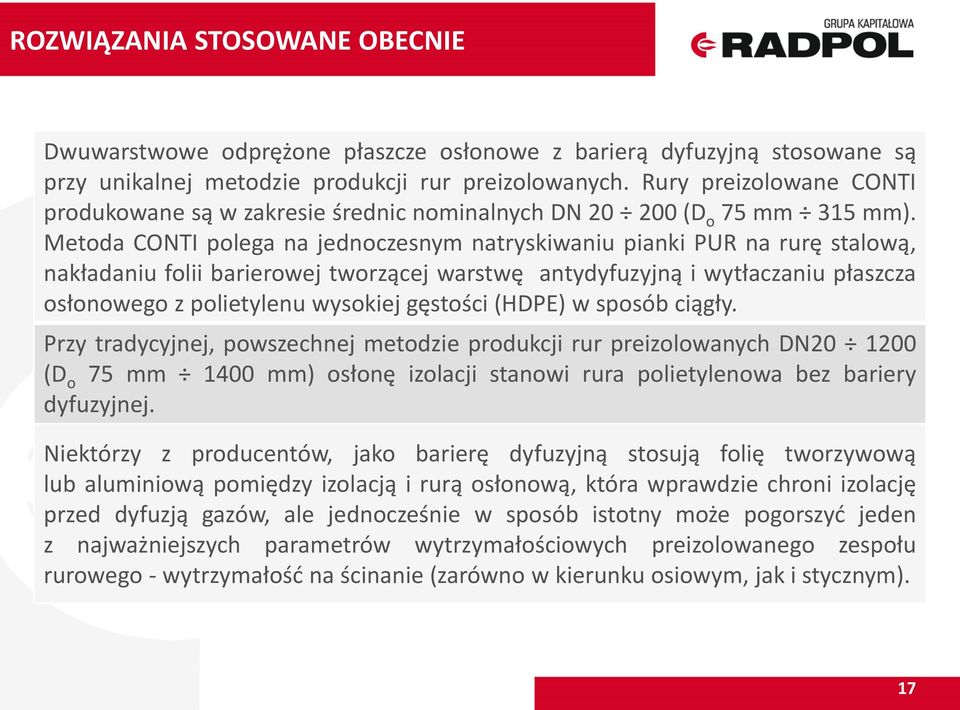 Metoda CONTI polega na jednoczesnym natryskiwaniu pianki PUR na rurę stalową, nakładaniu folii barierowej tworzącej warstwę antydyfuzyjną i wytłaczaniu płaszcza osłonowego z polietylenu wysokiej