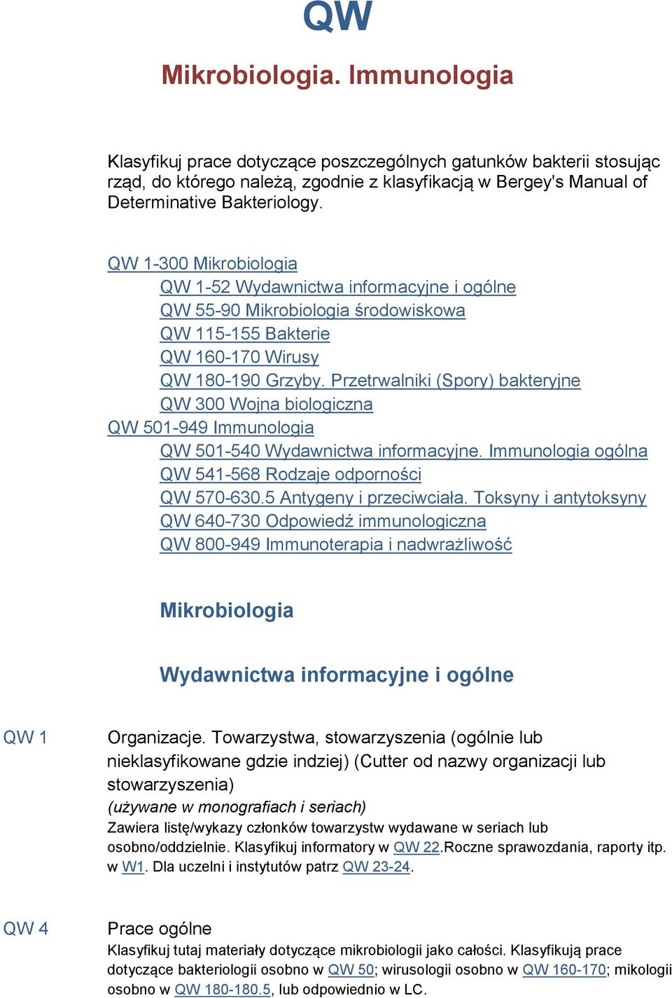 Przetrwalniki (Spory) bakteryjne QW 300 Wojna biologiczna QW 501-949 Immunologia QW 501-540 Wydawnictwa informacyjne. Immunologia ogólna QW 541-568 Rodzaje odporności QW 570-630.