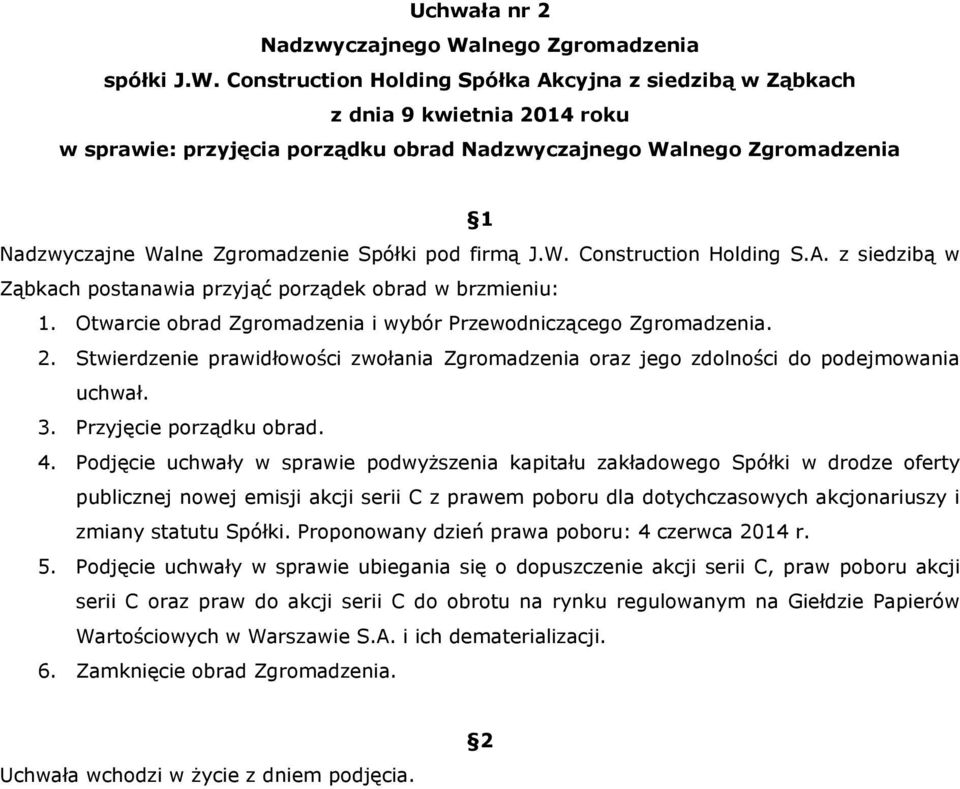 Construction Holding Spółka Akcyjna z siedzibą w Ząbkach z dnia 9 kwietnia 2014 roku w sprawie: przyjęcia porządku obrad Nadzwyczajnego Walnego Zgromadzenia 1 Nadzwyczajne Walne Zgromadzenie Spółki