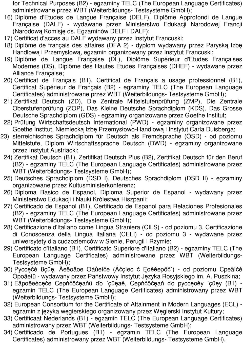 Egzaminów DELF i DALF); 17) Certificat d'acces au DALF wydawany przez Instytut Francuski; 18) Diplôme de français des affaires (DFA 2) - dyplom wydawany przez Parysk Izb Handlow i Przemysłow, egzamin