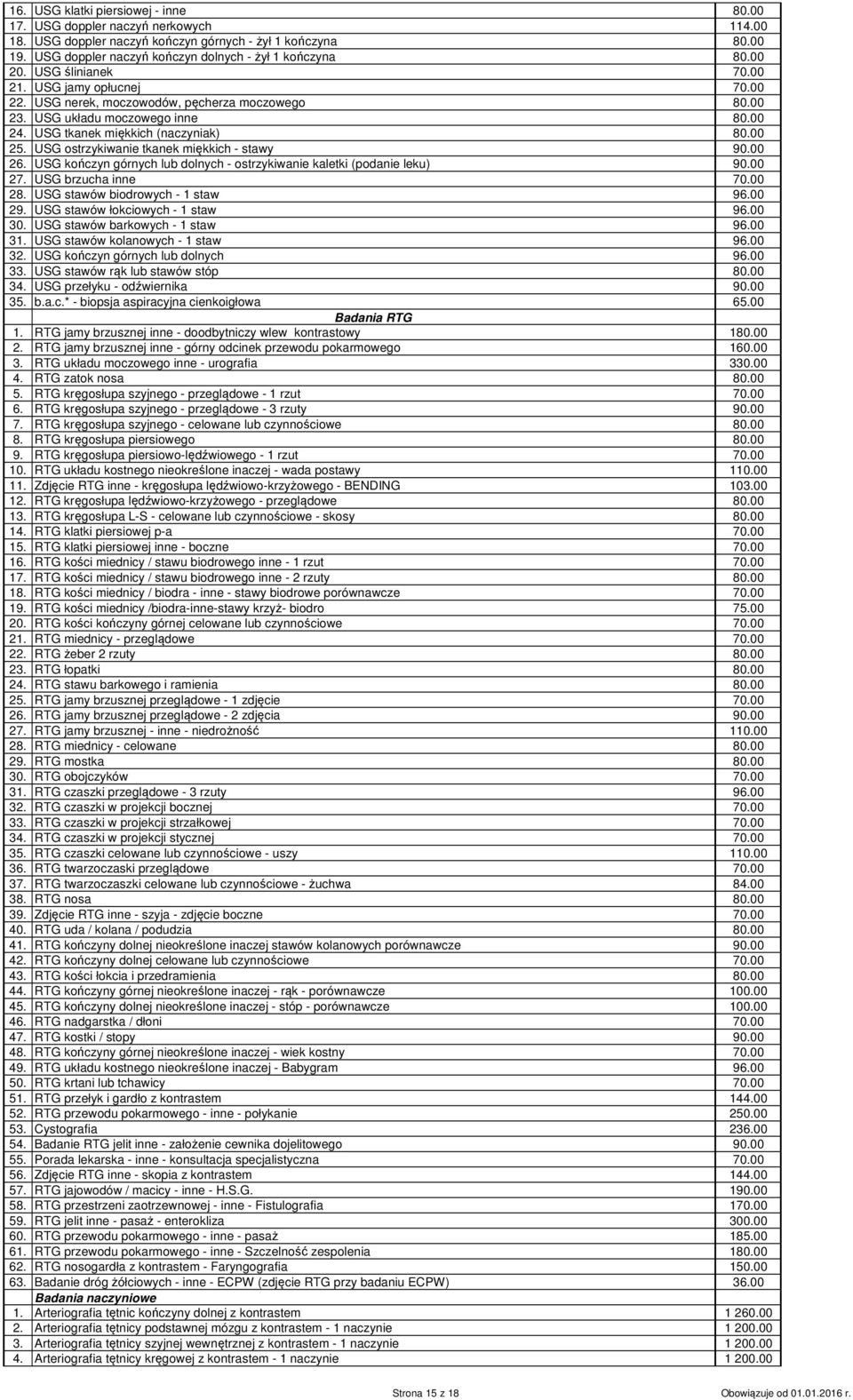 USG ostrzykiwanie tkanek miękkich - stawy 90.00 26. USG kończyn górnych lub dolnych - ostrzykiwanie kaletki (podanie leku) 90.00 27. USG brzucha inne 70.00 28. USG stawów biodrowych - 1 staw 96.00 29.