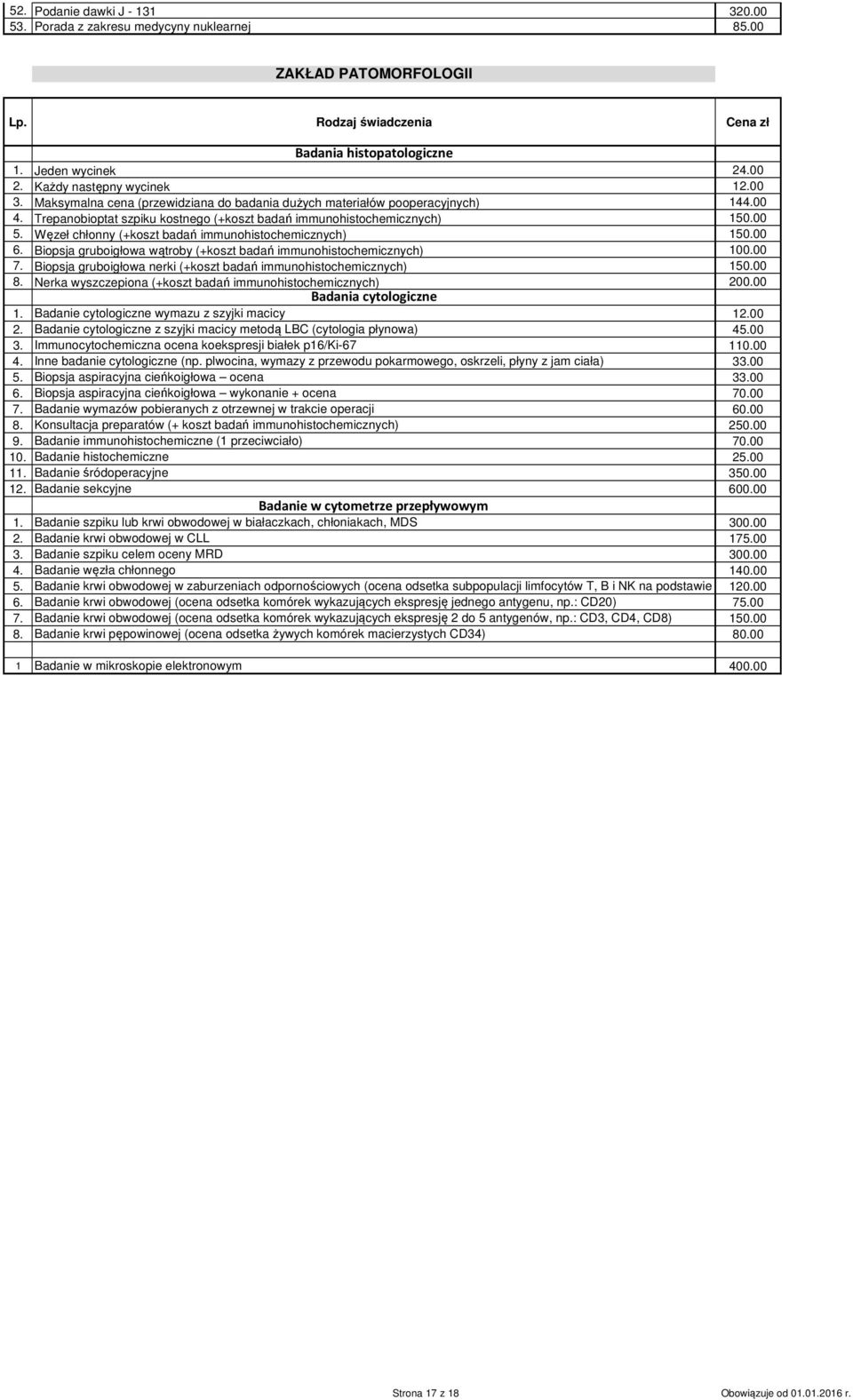 Węzeł chłonny (+koszt badań immunohistochemicznych) 150.00 6. Biopsja gruboigłowa wątroby (+koszt badań immunohistochemicznych) 100.00 7.