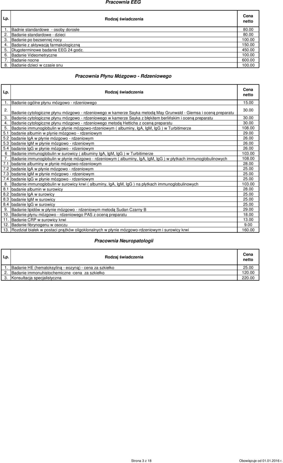 Badanie ogólne płynu mózgowo - rdzeniowego 15.00 2. Badanie cytologiczne płynu mózgowo - rdzeniowego w kamerze Sayka metodą May Grunwald - Giemsa i oceną preparatu 30.00 3.