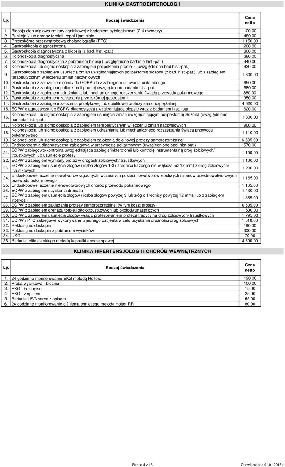 00 7. Kolonoskopia diagnostyczna z pobraniem biopsji (uwzględnione badanie hist.-pat.) 440.00 8. Kolonoskopia lub sigmoidoskopia z zabiegiem polipektomii prostej - (uwzględnione bad hist.-pat.) 620.