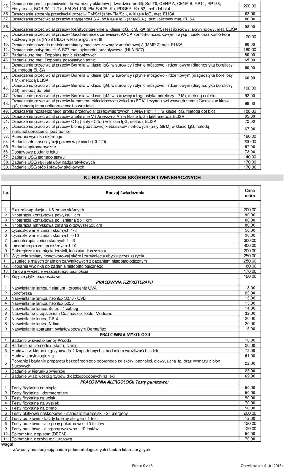 ELISA 80.00 38. Oznaczenie przeciwciał przeciw fosfatydyloserynie w klasie IgG, IgM, IgA (anty-ps) test ilościowy, skryningowy, met. ELISA 58.00 39.