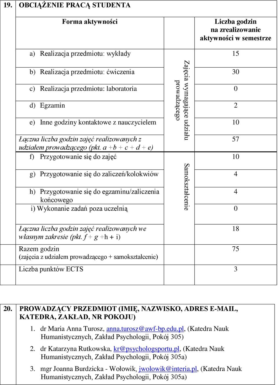 Egzamin 2 e) Inne godziny kontaktowe z nauczycielem 10 Łączna liczba godzin zajęć realizowanych z udziałem prowadzącego (pkt.