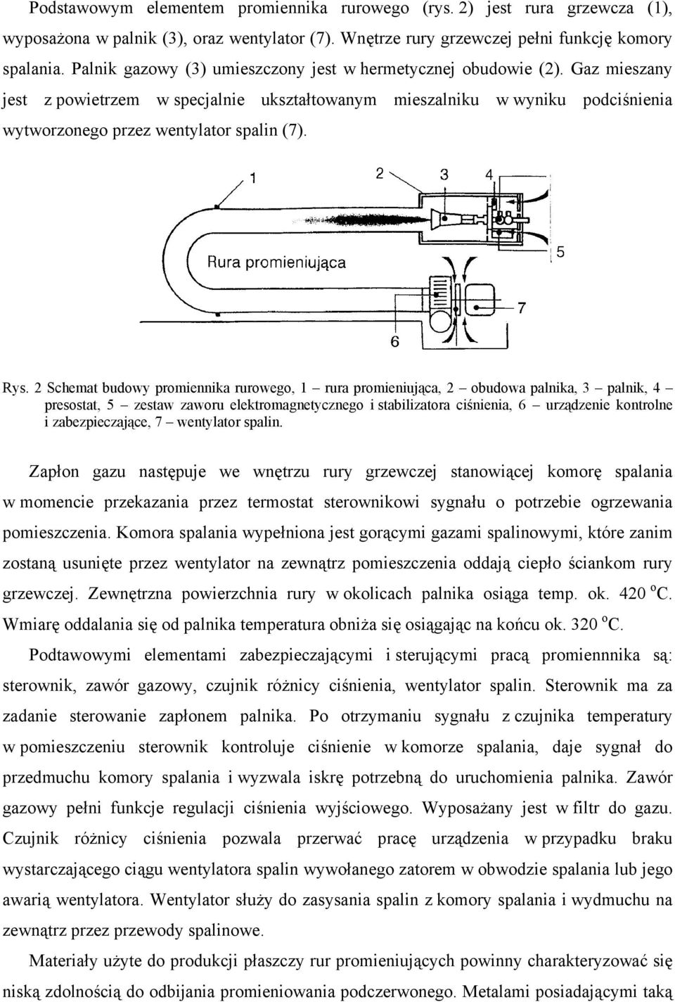 2 Schemat budowy promiennika rurowego, 1 rura promieniująca, 2 obudowa palnika, 3 palnik, 4 presostat, 5 zestaw zaworu elektromagnetycznego i stabilizatora ciśnia, 6 urządze kontrolne i