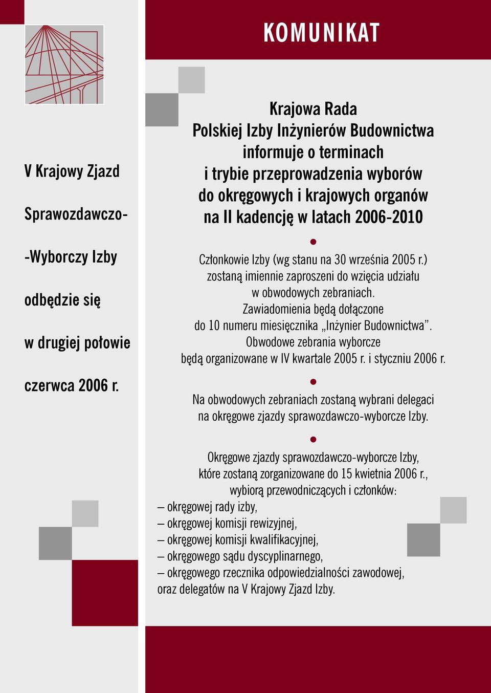 na 30 września 2005 r.) zostaną imiennie zaproszeni do wzięcia udziału w obwodowych zebraniach. Zawiadomienia będą dołączone do 10 numeru miesięcznika Inżynier Budownictwa.