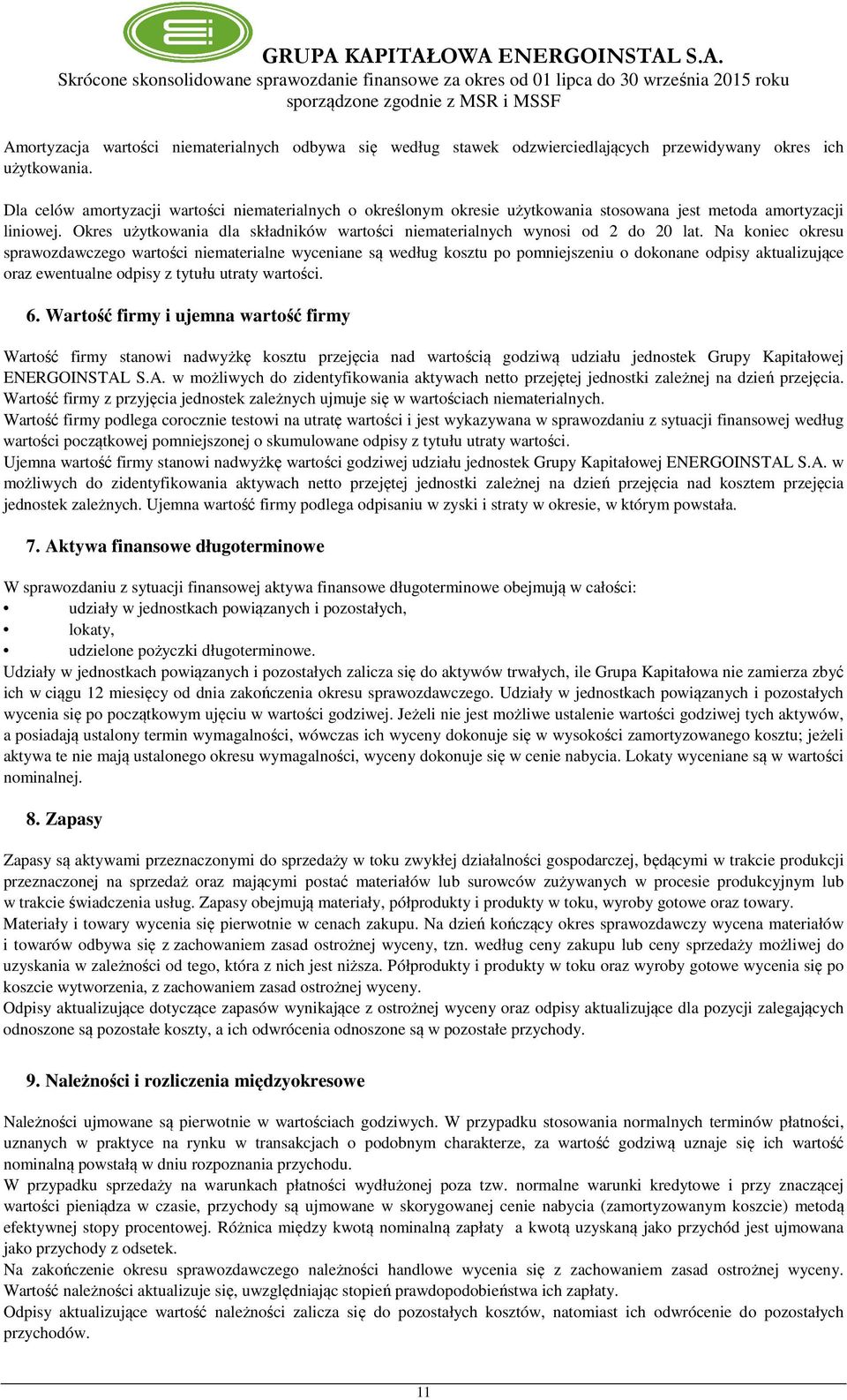 Okres użytkowania dla składników wartości niematerialnych wynosi od 2 do 20 lat.