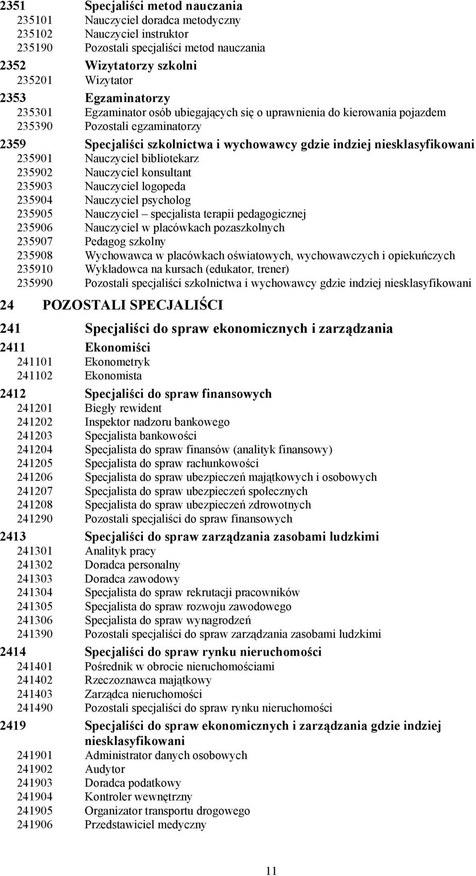 235901 Nauczyciel bibliotekarz 235902 Nauczyciel konsultant 235903 Nauczyciel logopeda 235904 Nauczyciel psycholog 235905 Nauczyciel specjalista terapii pedagogicznej 235906 Nauczyciel w placówkach