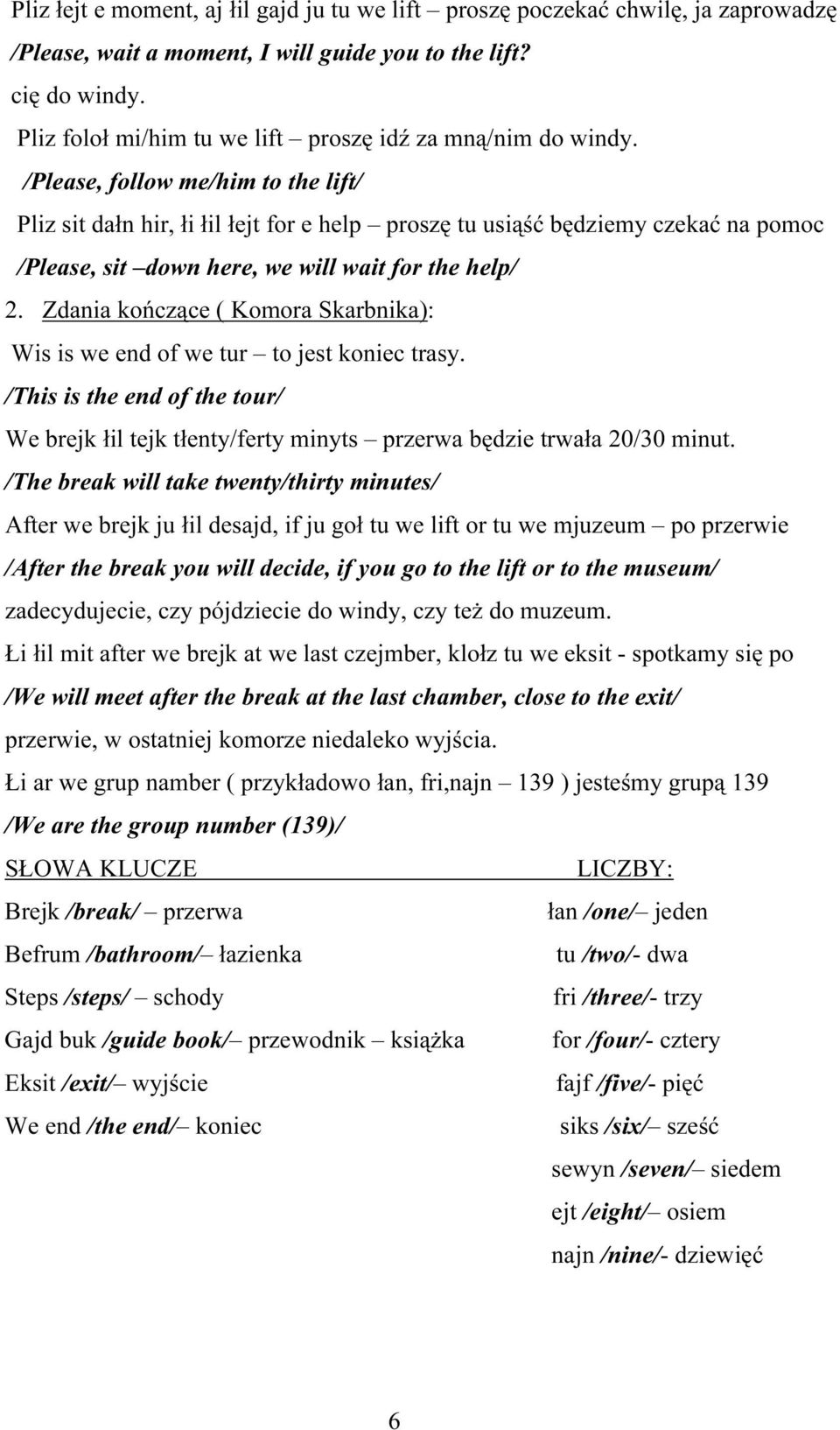 /Please, follow me/him to the lift/ Pliz sit dałn hir, łi łil łejt for e help proszę tu usiąść będziemy czekać na pomoc /Please, sit down here, we will wait for the help/ 2.