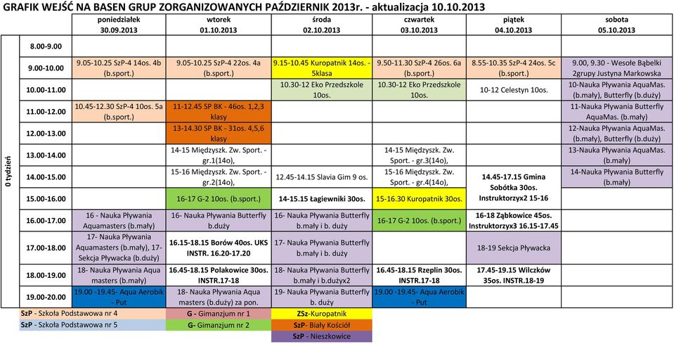 4,5,6 5klasa 9.50-11.30 SzP-4 26os. 6a 15.00-16.00 16-17 G-2 14-15.15 Łagiewniki 30os. 15-16.30 Kuropatnik 30os. 8.55-10.35 SzP-4 24os.