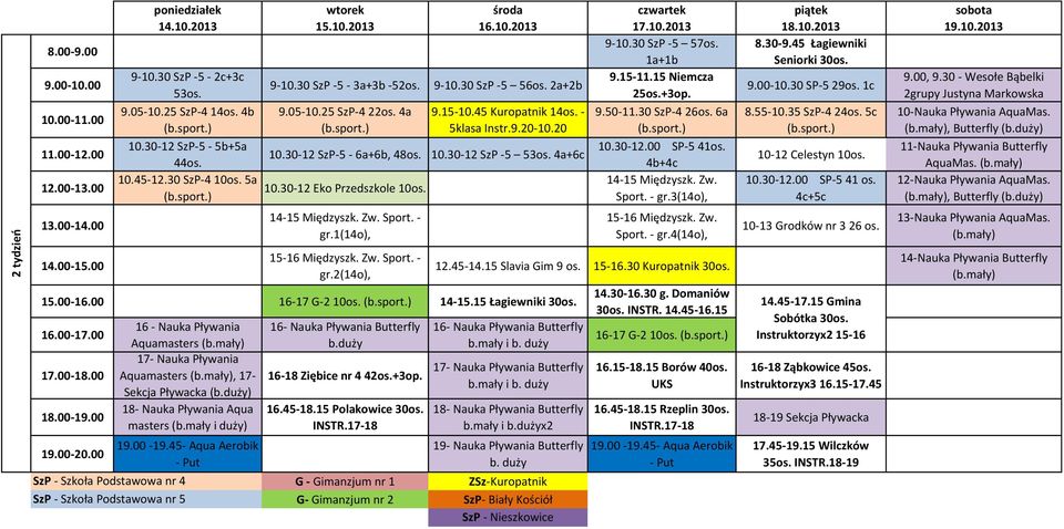 30-12 SzP-5-6a+6b, 48os. 10.30-12 SzP -5 53os. 4a+6c 15.00-16.00 16-17 G-2 14-15.15 Łagiewniki 30os. Aquamasters Aquamasters, 17-16-18 Ziębice nr 4 42os.+3op. 9.50-11.30 SzP-4 26os. 6a 10.30-12.00 SP-5 41os.