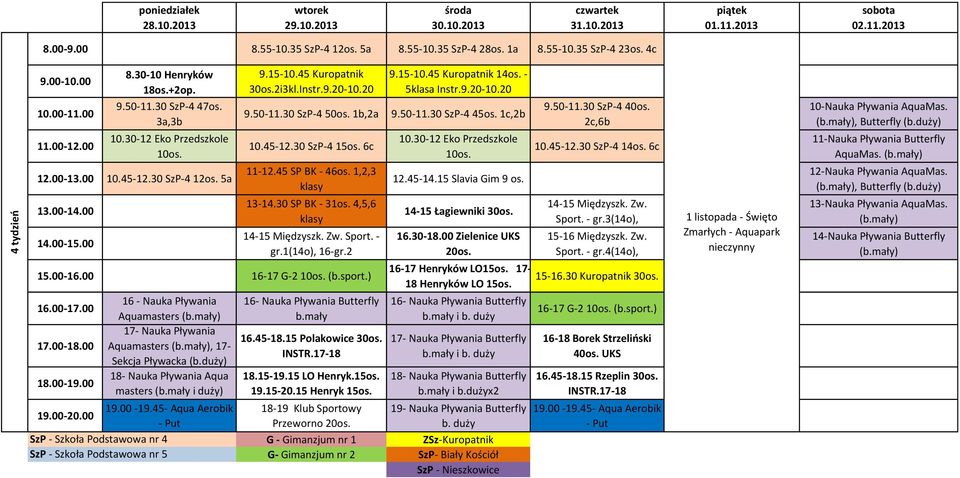 30 SP BK - 31os. 4,5,6 16-gr.2 15.00-16.00 16-17 G-2 Aquamasters Aquamasters, 17- b.mały 18.15-19.15 LO Henryk.15os. 19.15-20.15 Henryk 15os. 18-19 Klub Sportowy Przeworno 20os. 14-15 Łagiewniki 30os.