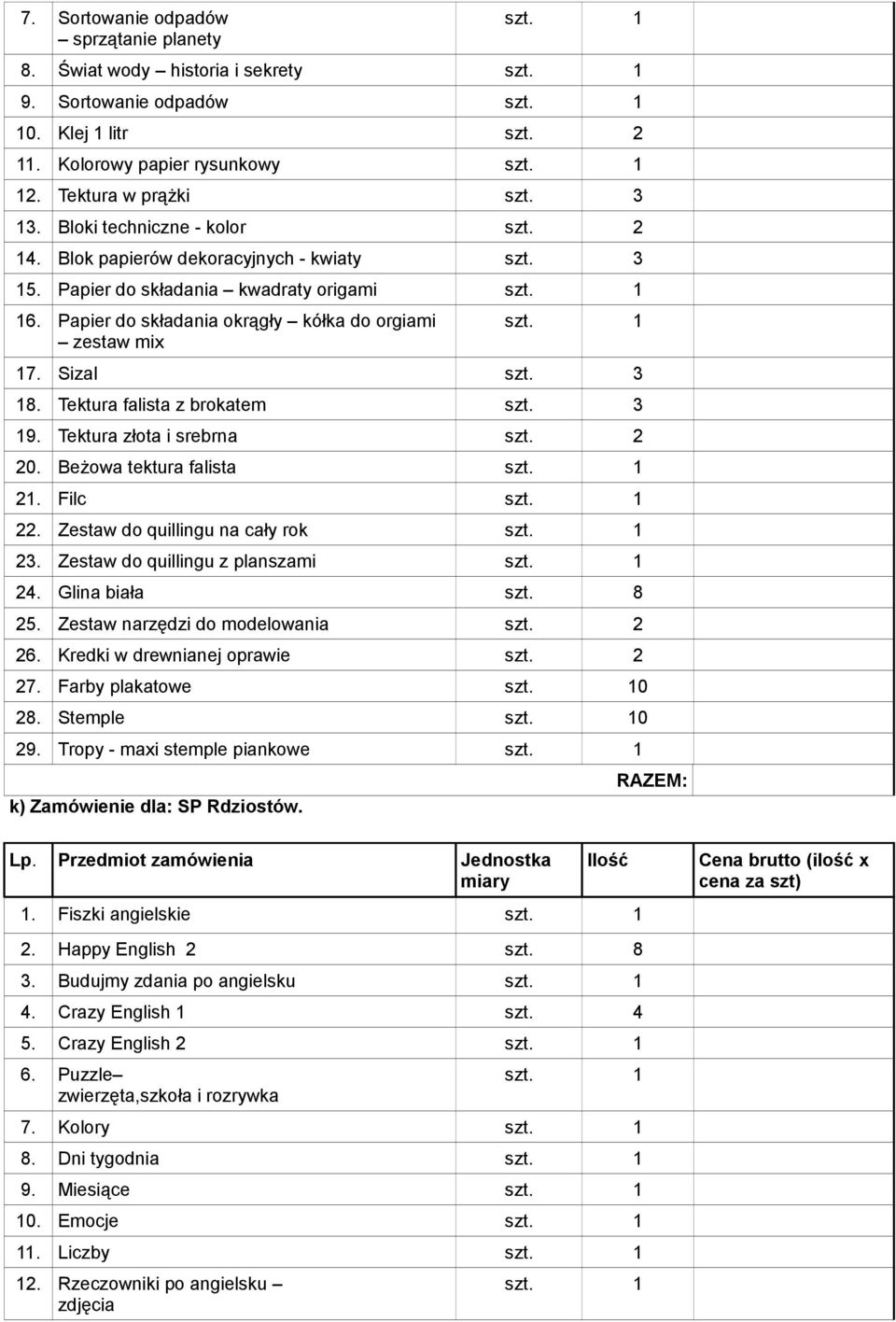 3 18. Tektura falista z brokatem szt. 3 19. Tektura złota i srebrna szt. 2 20. Beżowa tektura falista 21. Filc 22. Zestaw do quillingu na cały rok 23. Zestaw do quillingu z planszami 24.