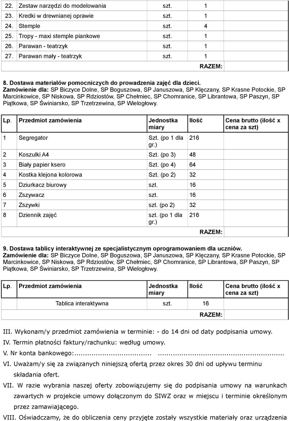 Zamówienie dla: SP Biczyce Dolne, SP Boguszowa, SP Januszowa, SP Klęczany, SP Krasne Potockie, SP Marcinkowice, SP Niskowa, SP Rdziostów, SP Chełmiec, SP Chomranice, SP Librantowa, SP Paszyn, SP