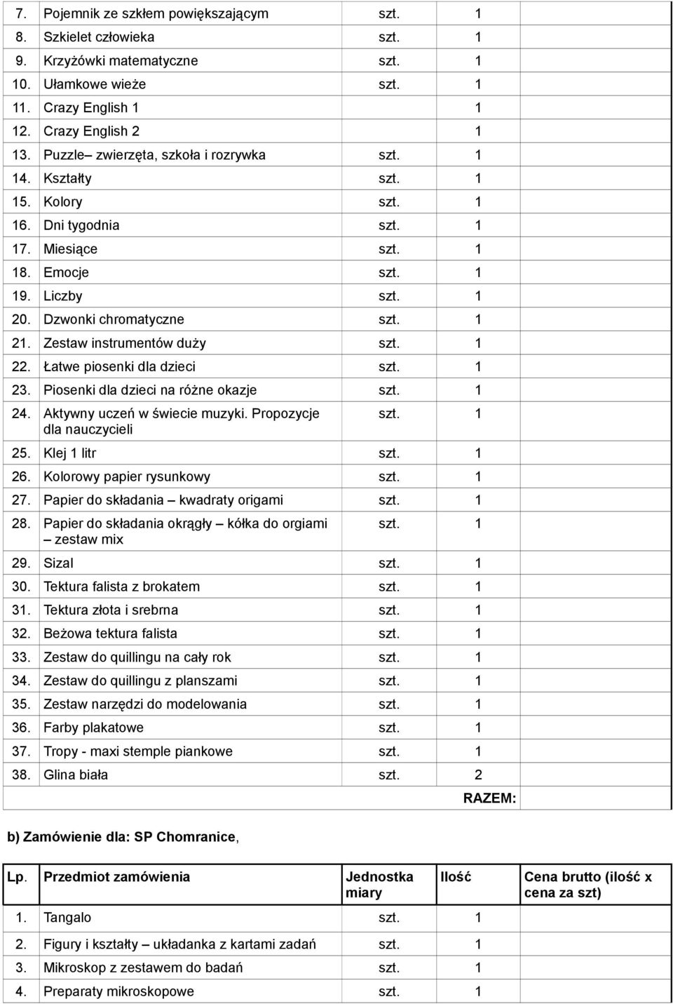 Aktywny uczeń w świecie muzyki. Propozycje dla nauczycieli 25. Klej 1 litr 26. Kolorowy papier rysunkowy 27. Papier do składania kwadraty origami 28.