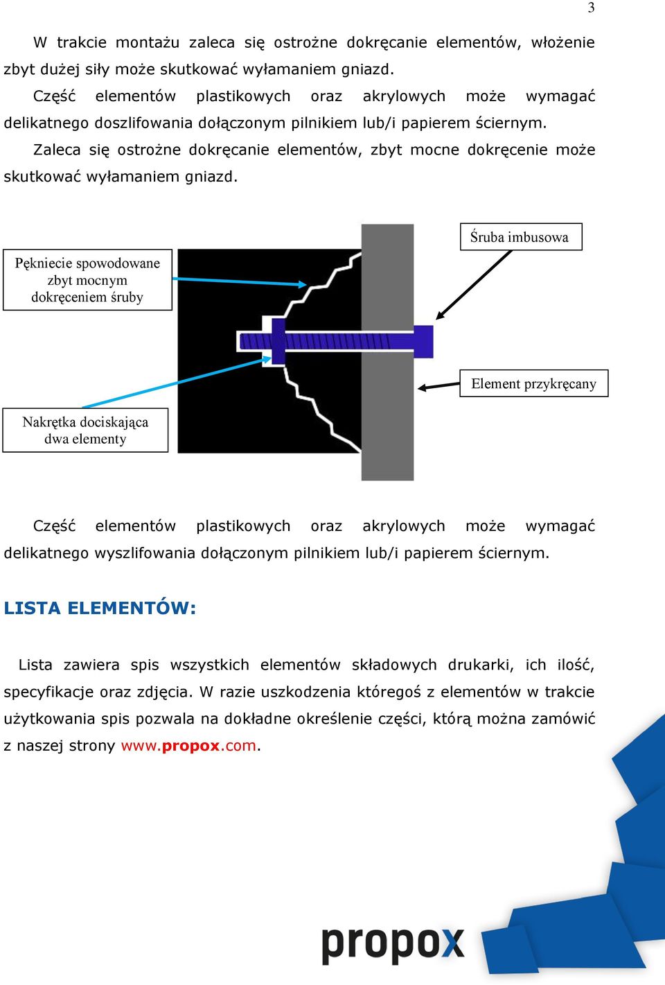 Zaleca się ostrożne dokręcanie elementów, zbyt mocne dokręcenie może skutkować wyłamaniem gniazd.