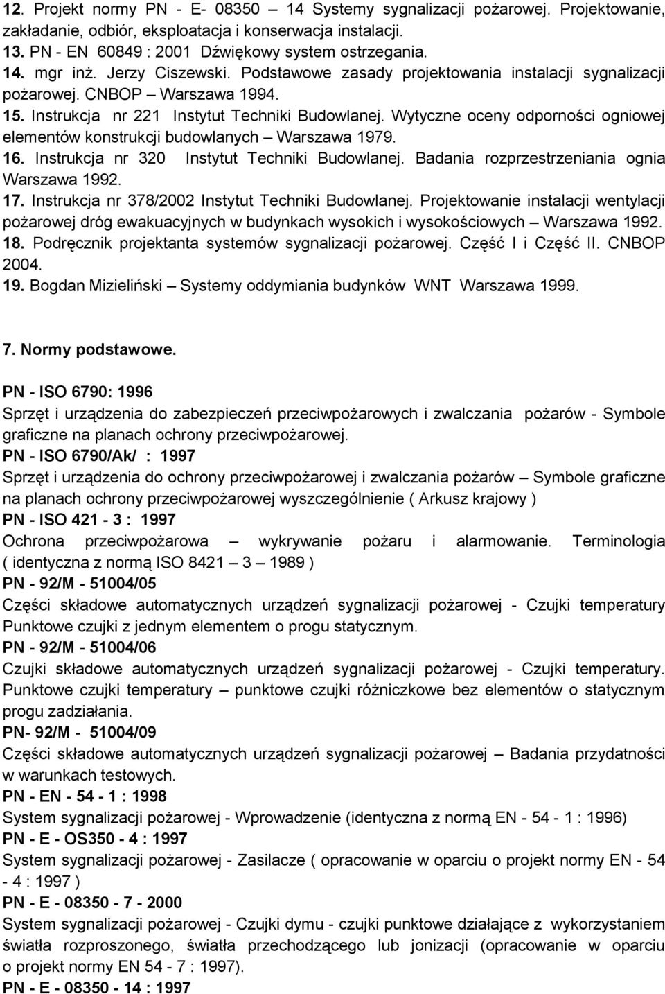 Wytyczne oceny odporności ogniowej elementów konstrukcji budowlanych Warszawa 1979. 16. Instrukcja nr 320 Instytut Techniki Budowlanej. Badania rozprzestrzeniania ognia Warszawa 1992. 17.