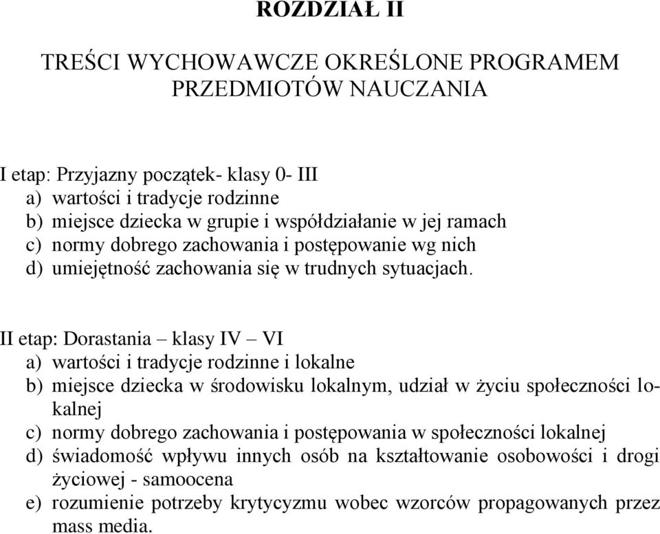 II etap: Dorastania klasy IV VI a) wartości i tradycje rodzinne i lokalne b) miejsce dziecka w środowisku lokalnym, udział w życiu społeczności lokalnej c) normy dobrego