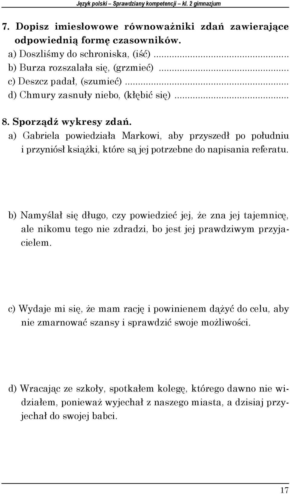 a) Gabriela powiedziała Markowi, aby przyszedł po południu i przyniósł książki, które są jej potrzebne do napisania referatu.