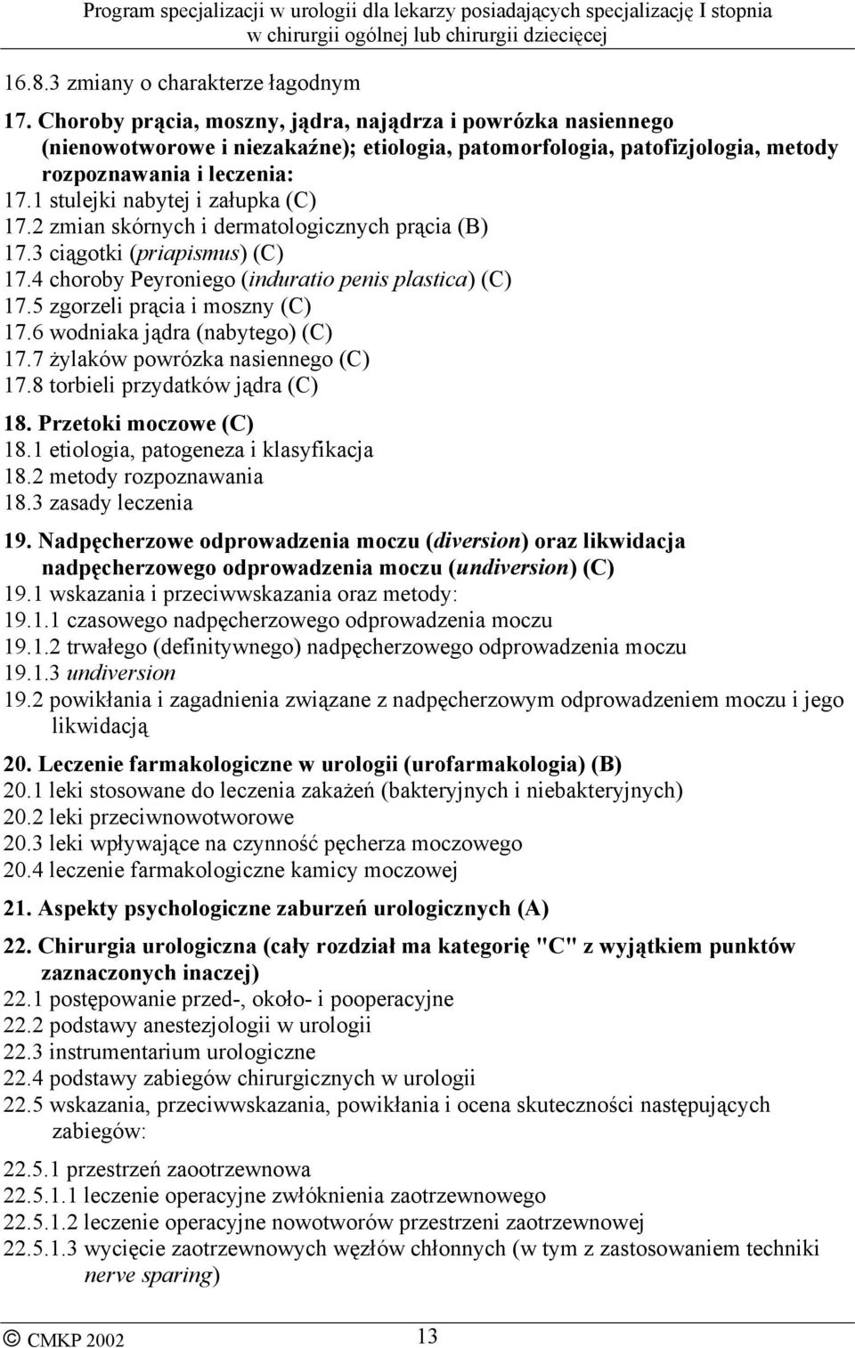 1 stulejki nabytej i załupka (C) 17.2 zmian skórnych i dermatologicznych prącia (B) 17.3 ciągotki (priapismus) (C) 17.4 choroby Peyroniego (induratio penis plastica) (C) 17.