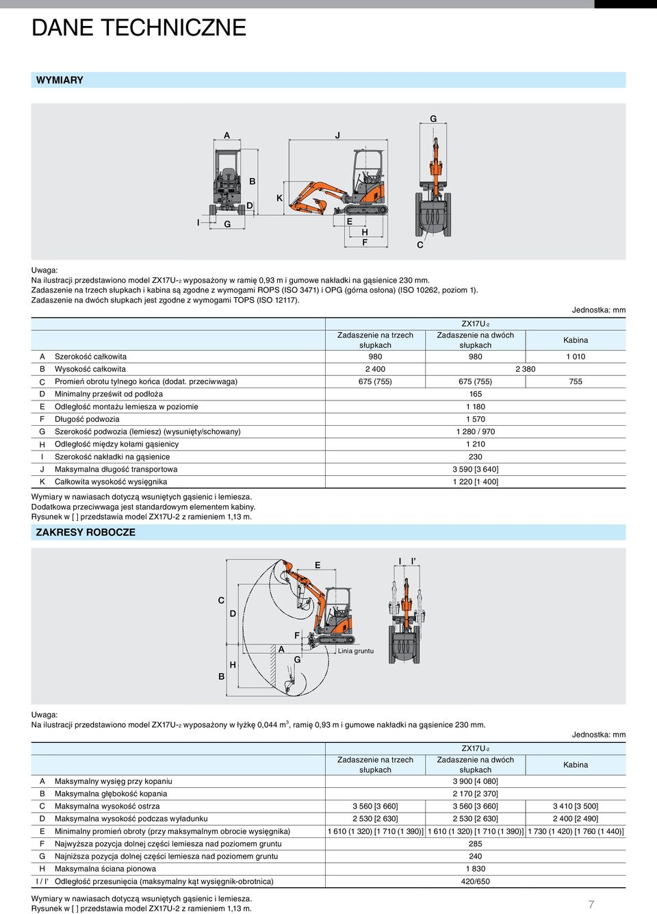 Jednostka: mm ZX17U-2 Zadaszenie na trzech Zadaszenie na dwóch słupkach słupkach Kabina A Szerokość całkowita 980 980 1 010 B Wysokość całkowita 2 400 2 380 C Promień obrotu tylnego końca (dodat.