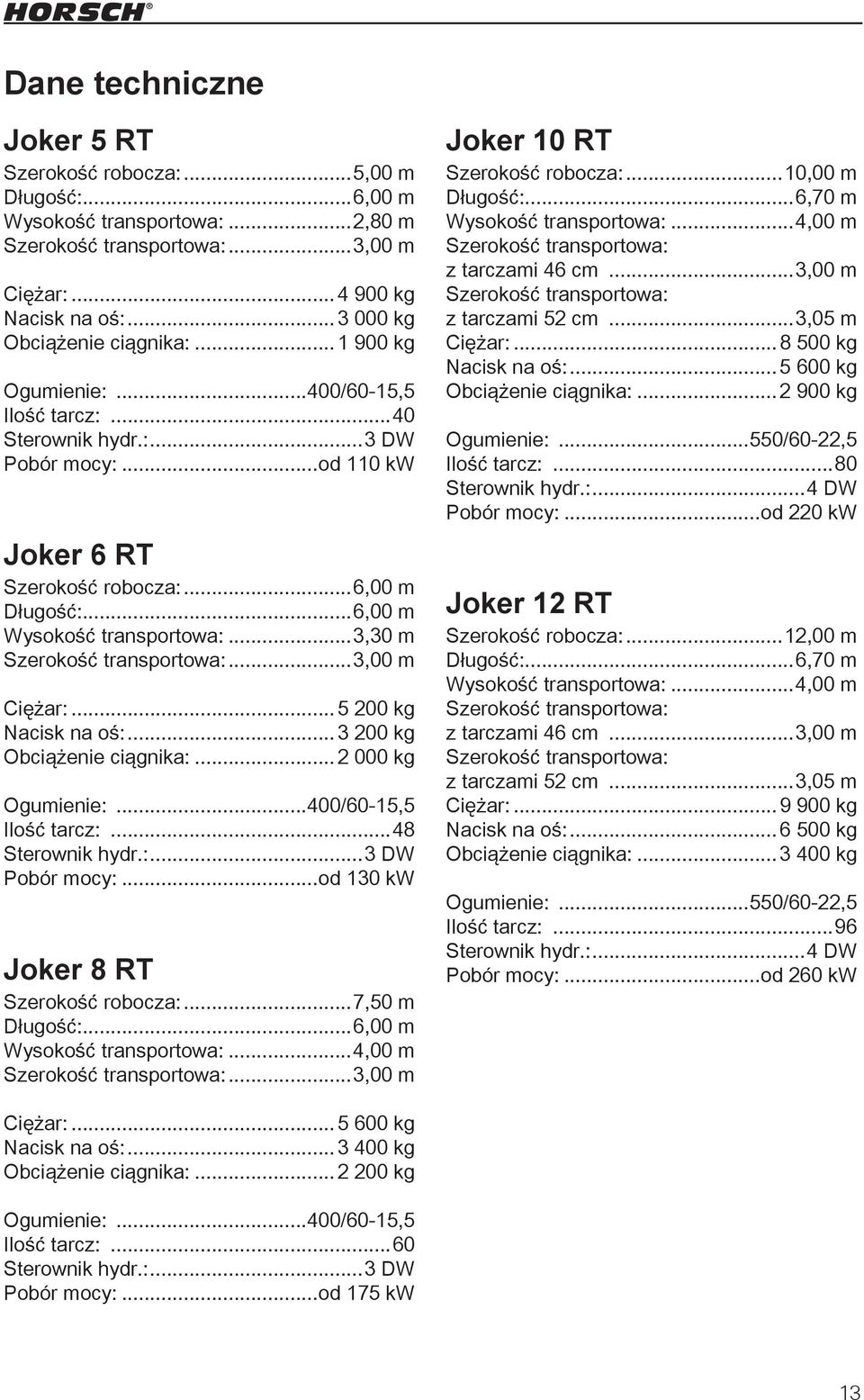 ..6,00 m Wysokość transportowa:...3,30 m Szerokość transportowa:...3,00 m Ciężar:...5 200 kg Nacisk na oś:...3 200 kg Obciążenie ciągnika:... 2 000 kg Ogumienie:...400/60-15,5 Ilość tarcz:.