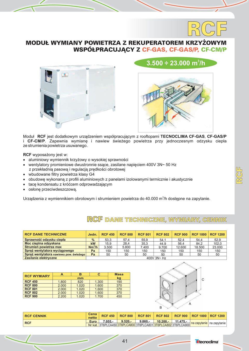 RCF wyposażony jest w: aluminiowy wymiennik krzyżowy o wysokiej sprawności wentylatory promieniowe dwustronnie ssące, zasilane napięciem V N~ Hz z przekładnią pasową i regulacją prędkości obrotowej